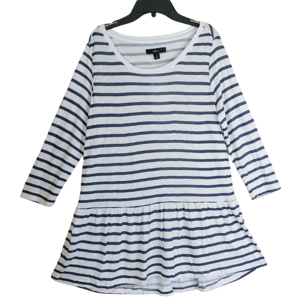 Ellos striped white blue nautical tunic top ruffle hem 3/4 sleeves size 10
